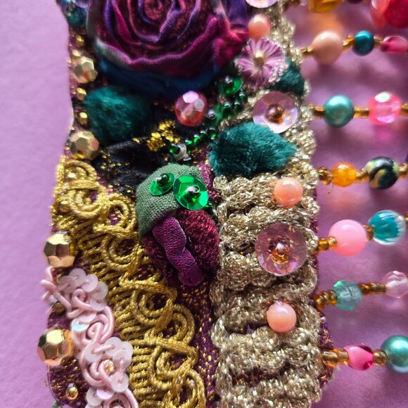 Gypsy Hand Embroidered Bracelet | Boho Tie-dye -Style Textile Cuff | Whimsical - Picture 7 of 11